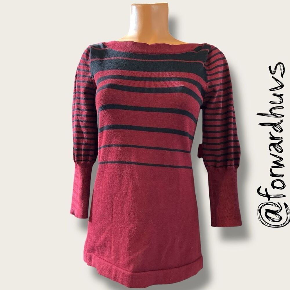 Hannah Striped Knit Tunic Top – Size S/S – Burgundy & Black Boat Neck